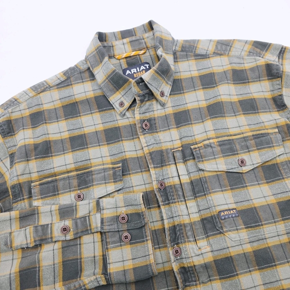 Ariat Rebar Long Sleeve Shirt Mens L Gray Plaid Button Flannel Outdoor Work Read